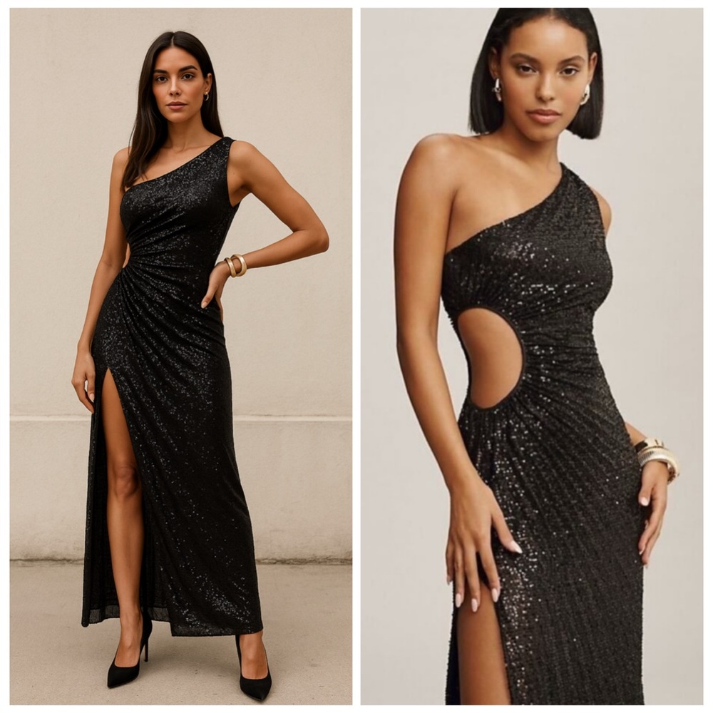 NWT Delfi Collective Solie Black Sequin One Shoulder Cutout Maxi Dress S Formal